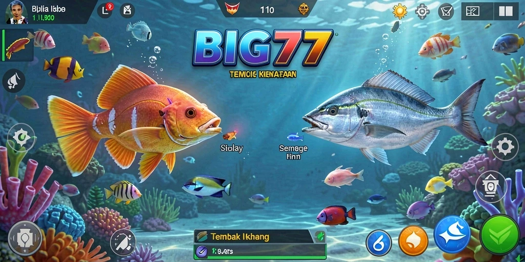 Screenshot BIG77 menampilkan aksi seru menangkap ikan.