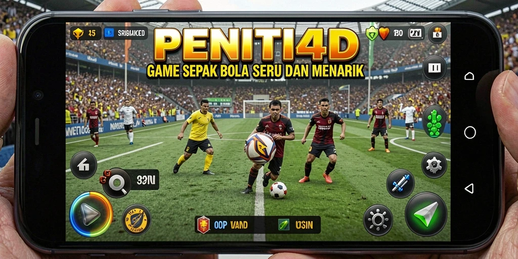Screenshot gameplay PENITI4D menampilkan aksi pertandingan sepak bola yang intens.