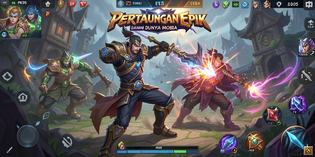 Screenshot utama PK95 yang menunjukkan aksi seru dalam pertandingan MOBA.