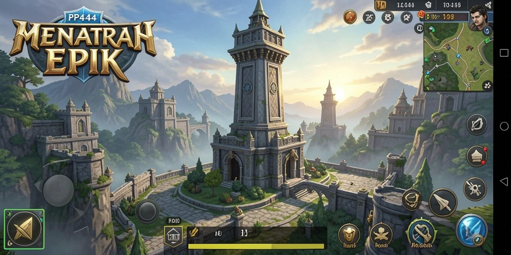 Screenshot dari gameplay PP444 yang menunjukkan pertahanan menara yang strategis.