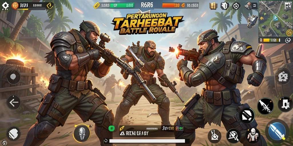 Menampilkan momen aksi intens dalam permainan Battle Royale R6R6.