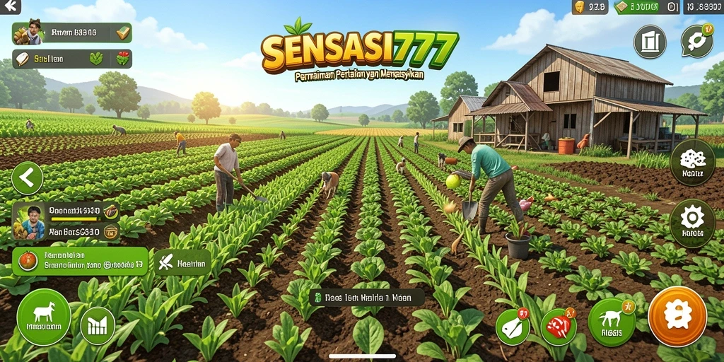 Screenshot SENSASI777 menunjukkan pemain mengelola ladang hijau yang subur.
