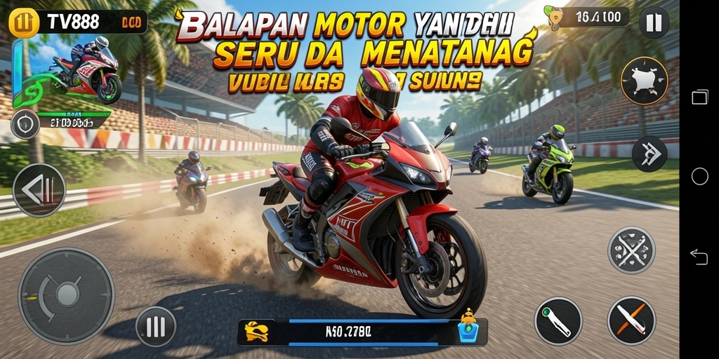 Tampilan gameplay balapan motor yang mendebarkan di TV888.